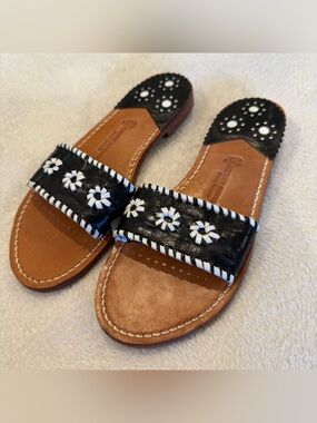 Black and Tan Floral Leather Slide Sandals